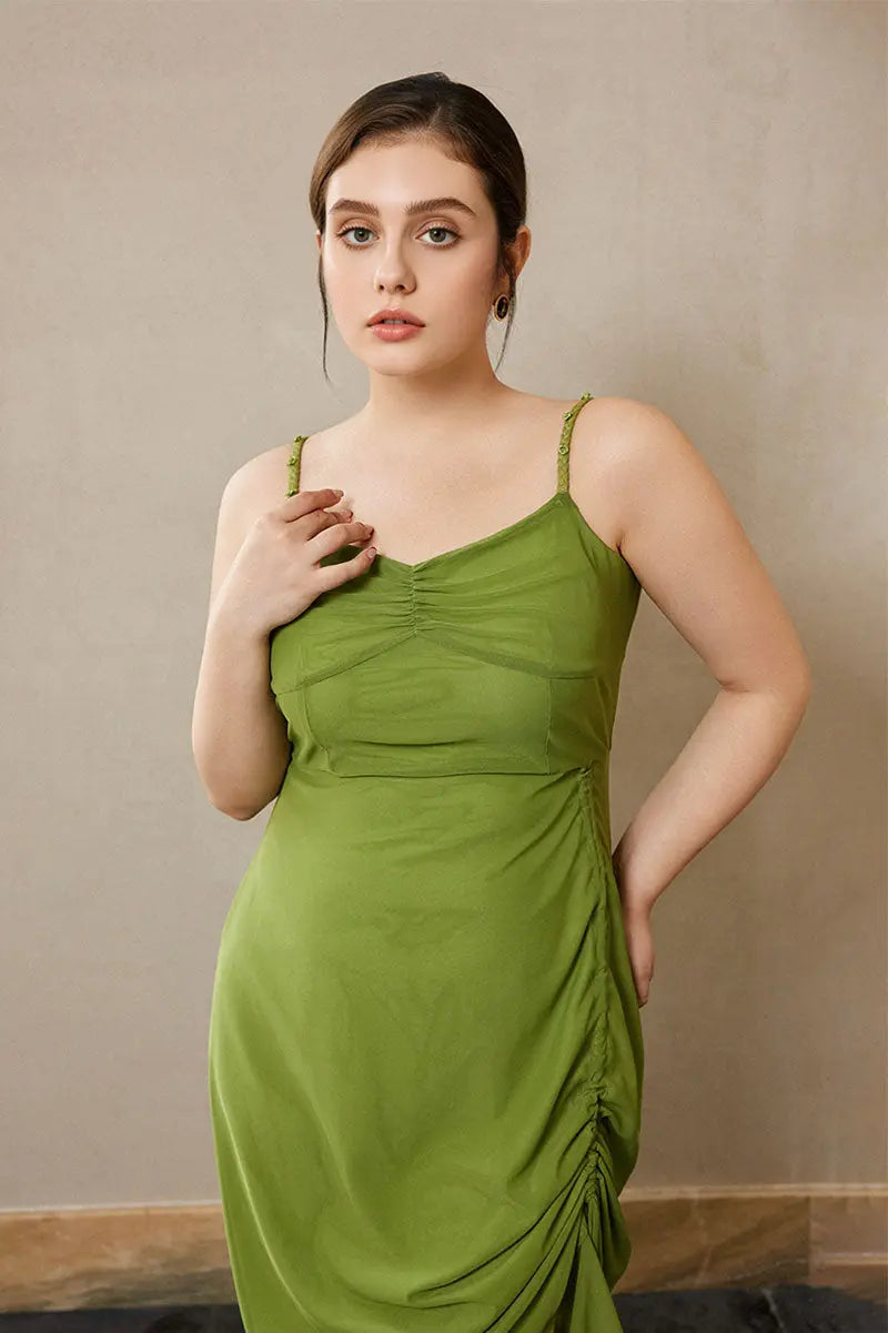 Ruched Mesh Drawstring Midi Dress in Olive Green