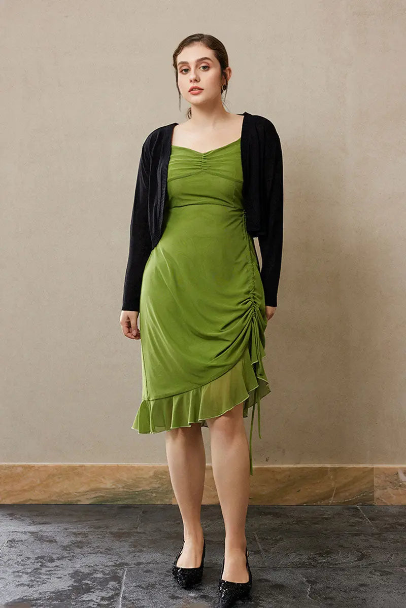 Ruched Mesh Drawstring Midi Dress in Olive Green