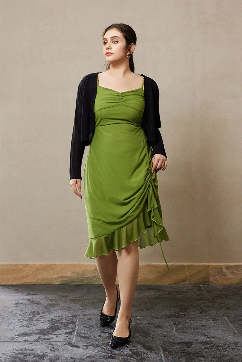 Ruched Mesh Drawstring Midi Dress in Olive Green