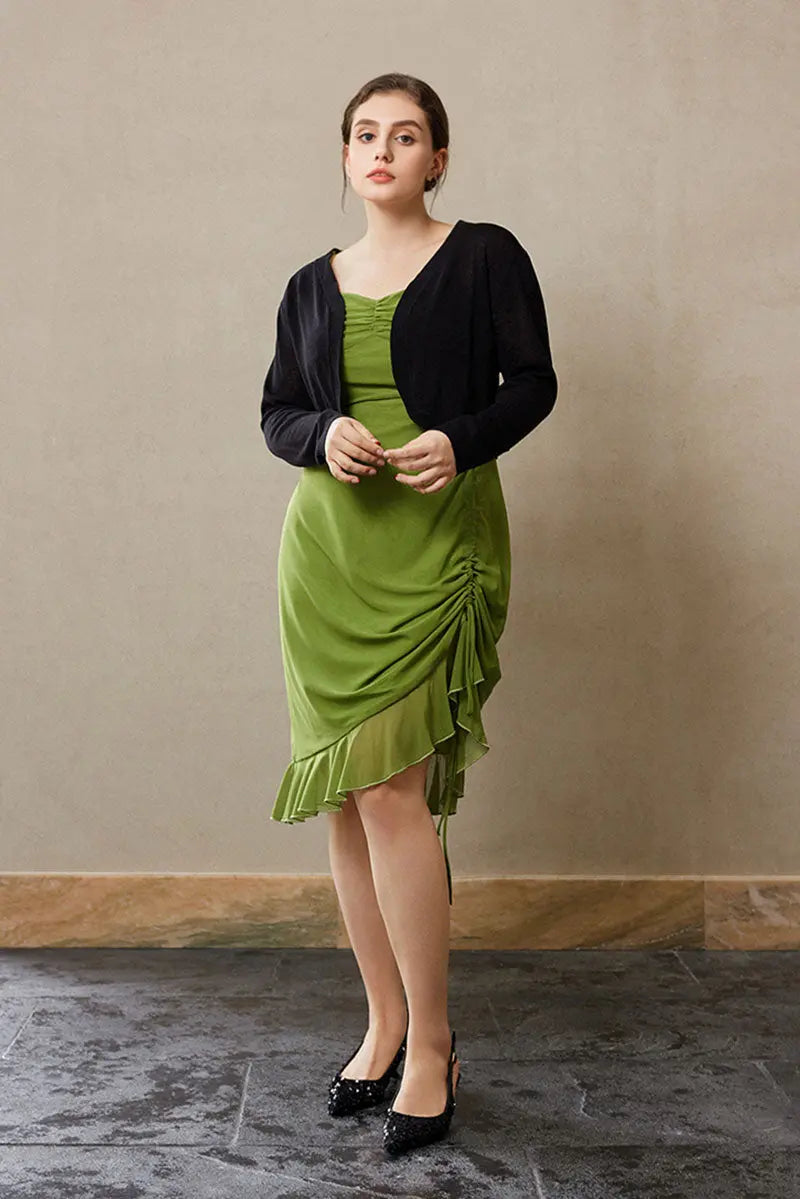 Ruched Mesh Drawstring Midi Dress in Olive Green