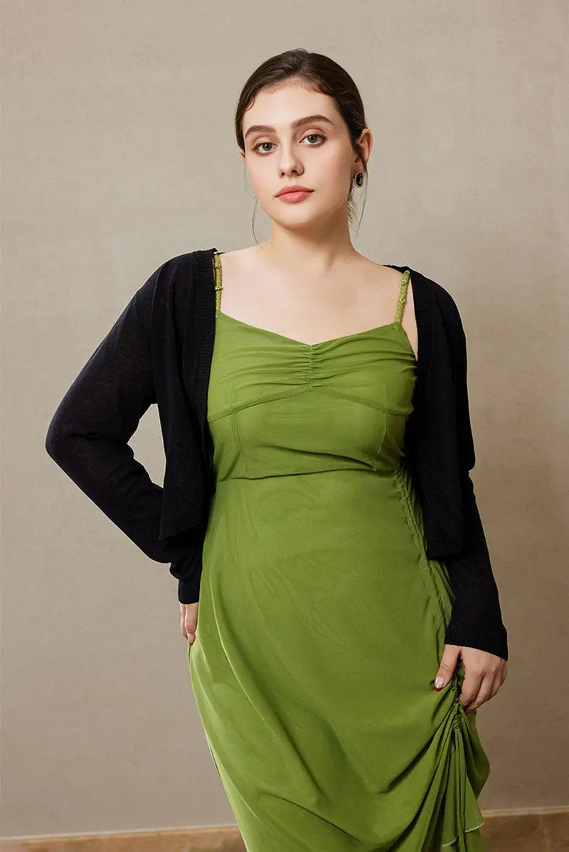 Ruched Mesh Drawstring Midi Dress in Olive Green
