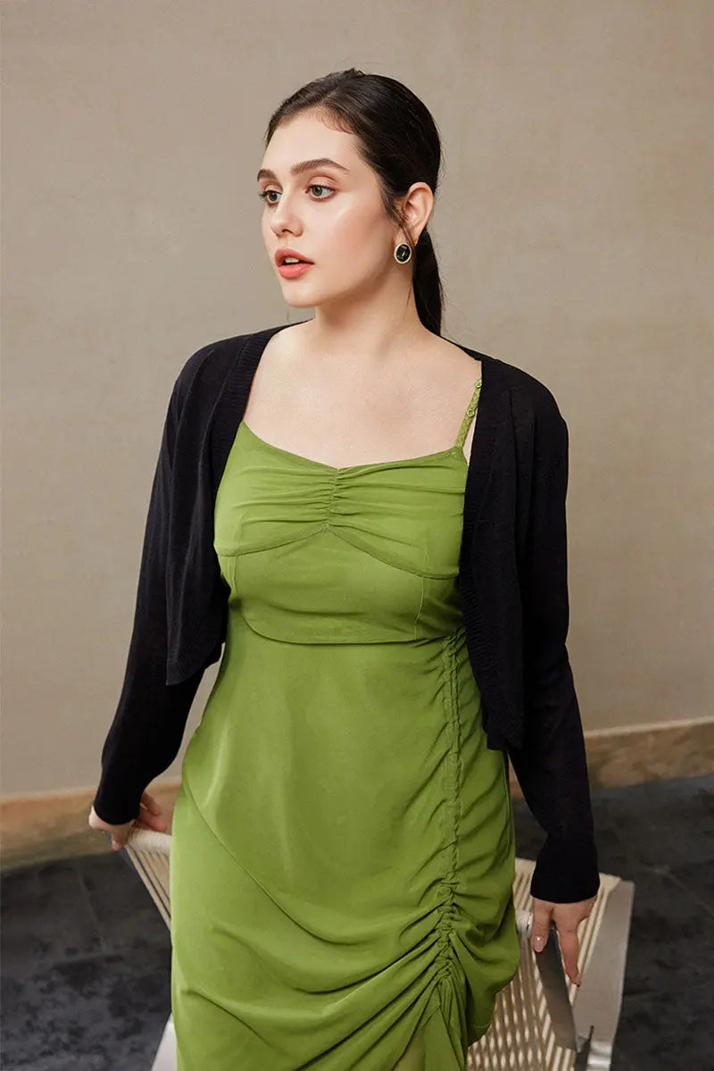Ruched Mesh Drawstring Midi Dress in Olive Green