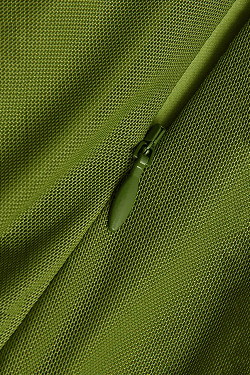 Ruched Mesh Drawstring Midi Dress in Olive Green