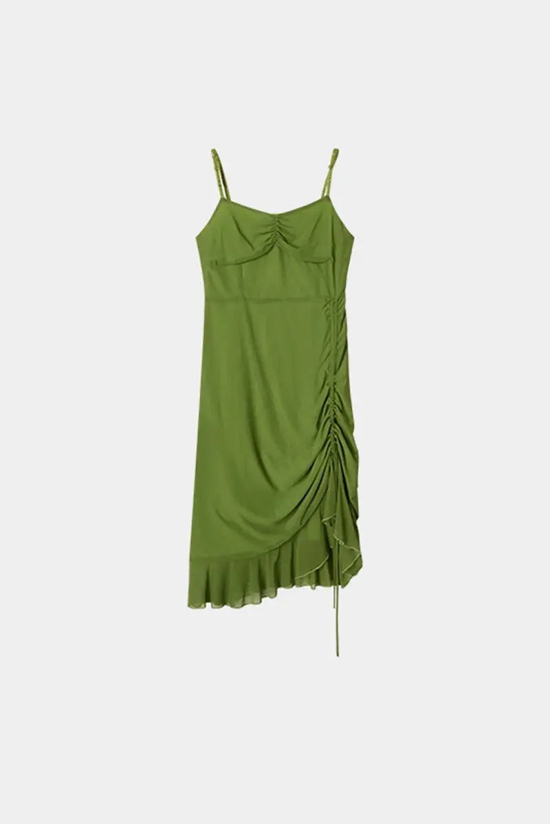 Ruched Mesh Drawstring Midi Dress in Olive Green