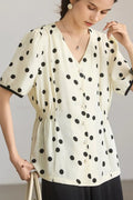 Satin Jacquard Polka Dot V-Neck Blouse