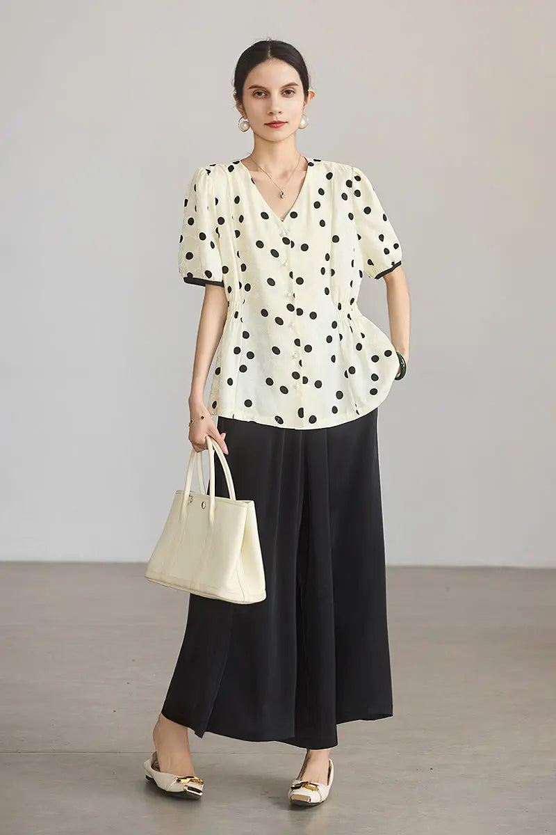 Satin Jacquard Polka Dot V-Neck Blouse