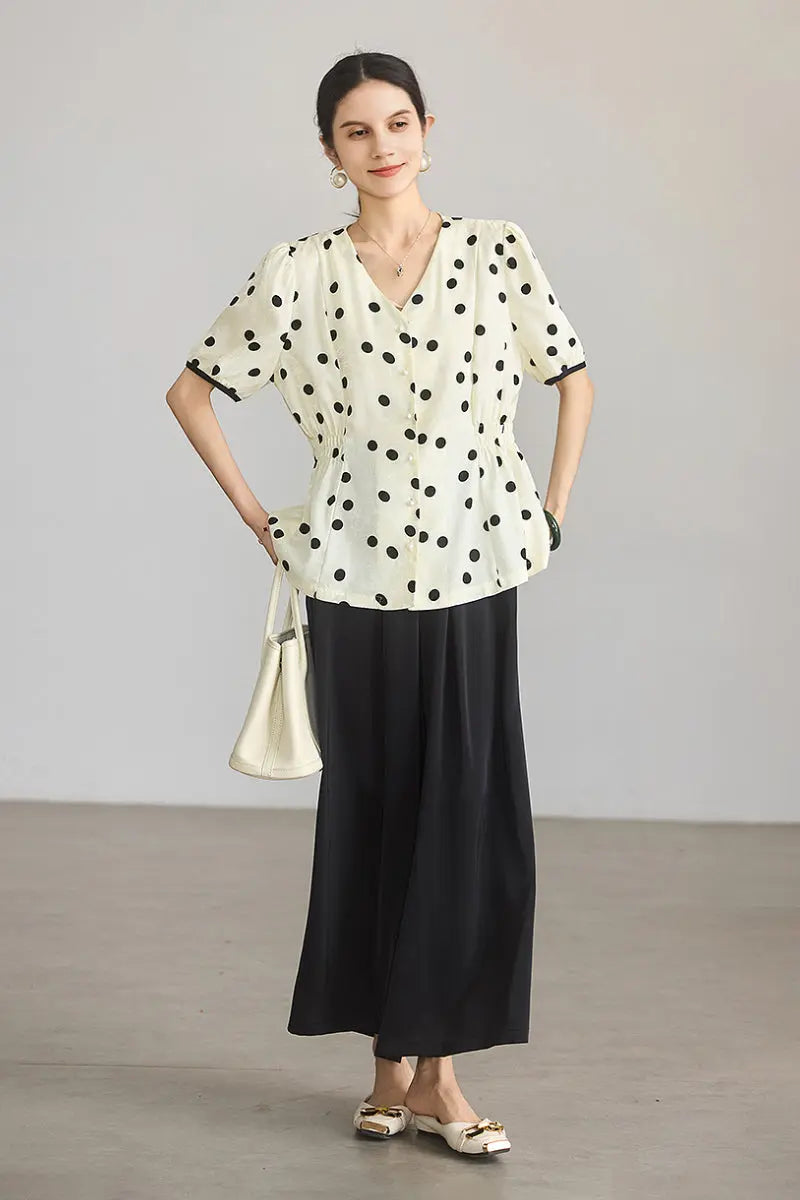 Satin Jacquard Polka Dot V-Neck Blouse