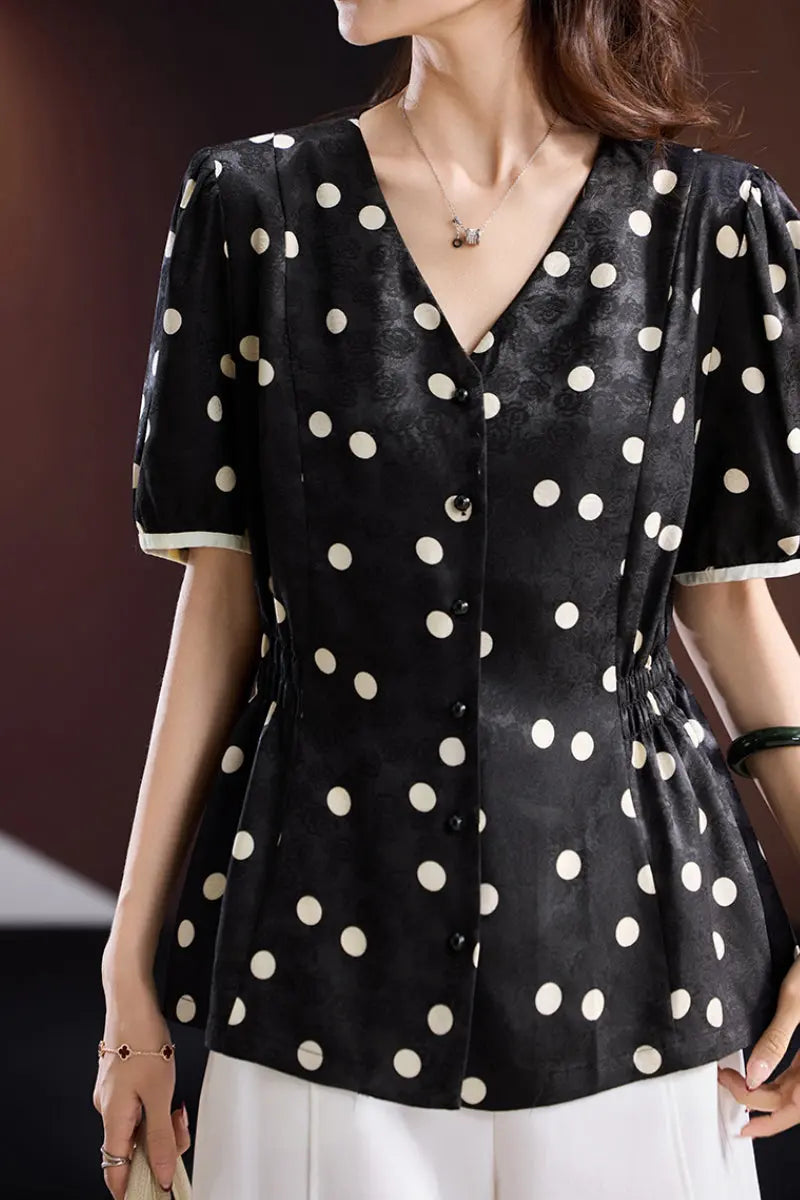 Satin Jacquard Polka Dot V-Neck Blouse