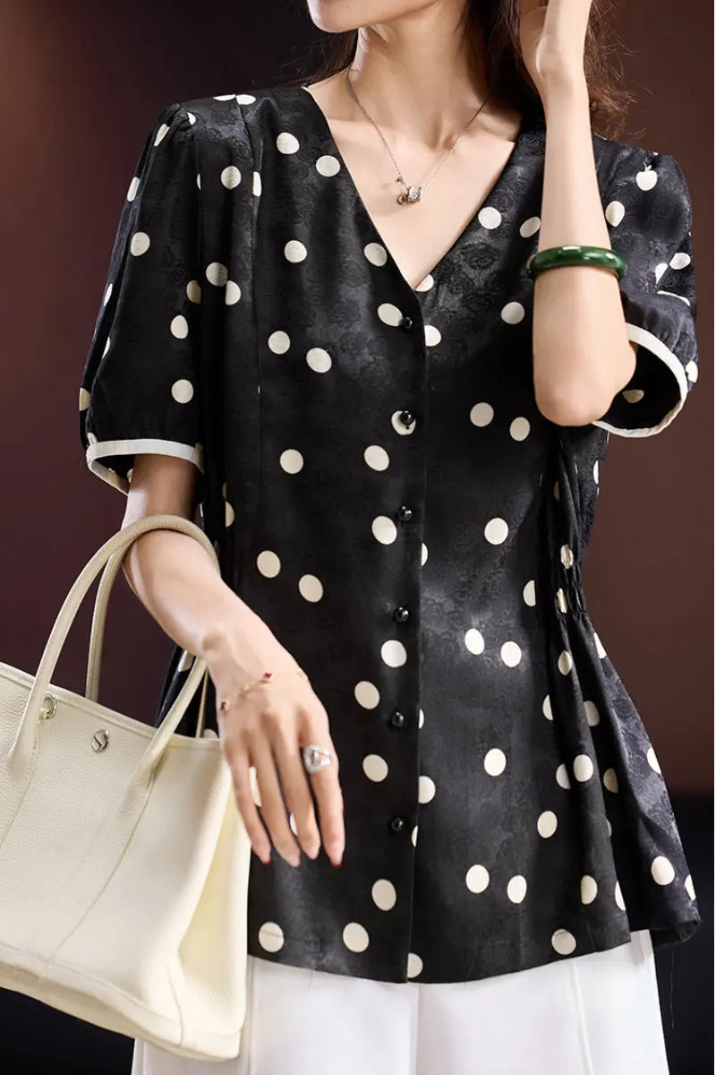Satin Jacquard Polka Dot V-Neck Blouse
