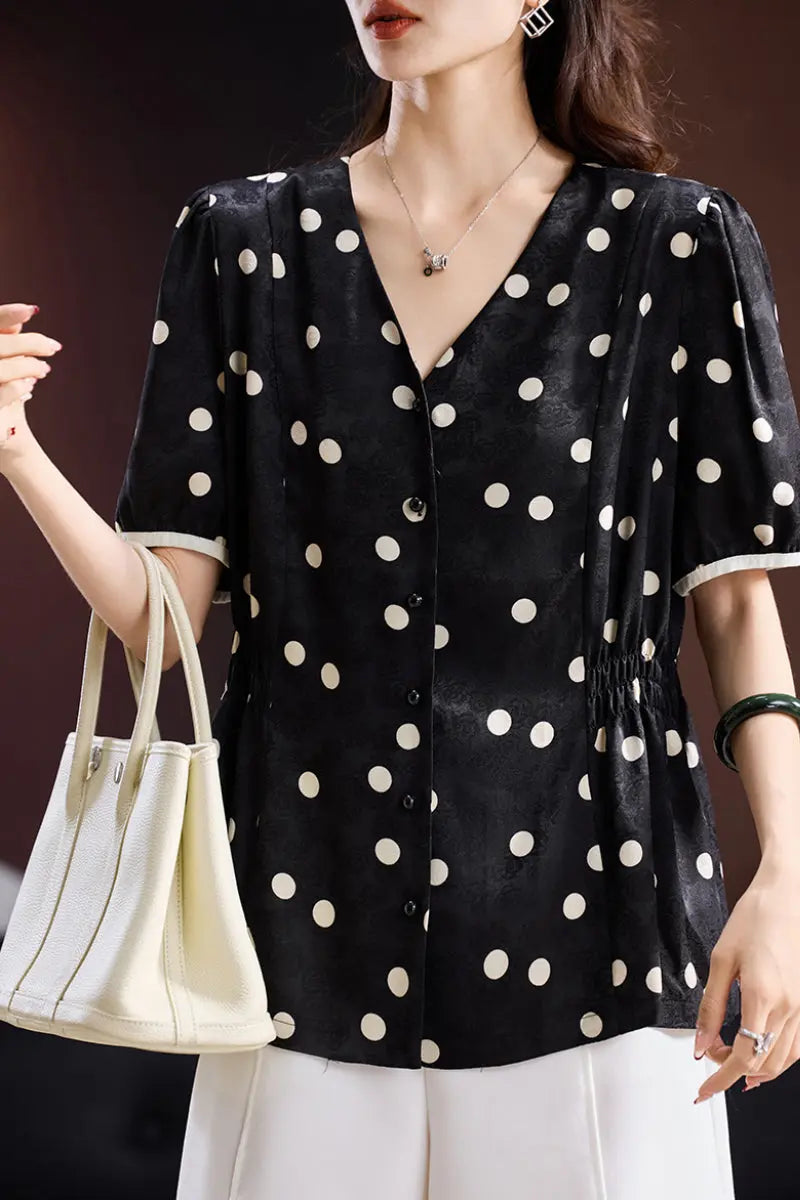 Satin Jacquard Polka Dot V-Neck Blouse
