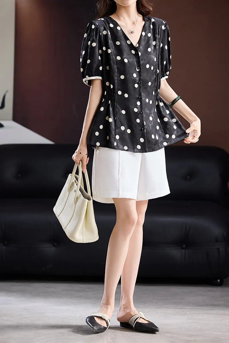 Satin Jacquard Polka Dot V-Neck Blouse