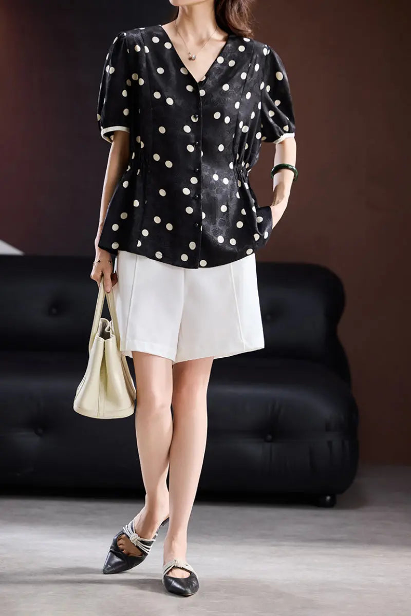 Satin Jacquard Polka Dot V-Neck Blouse