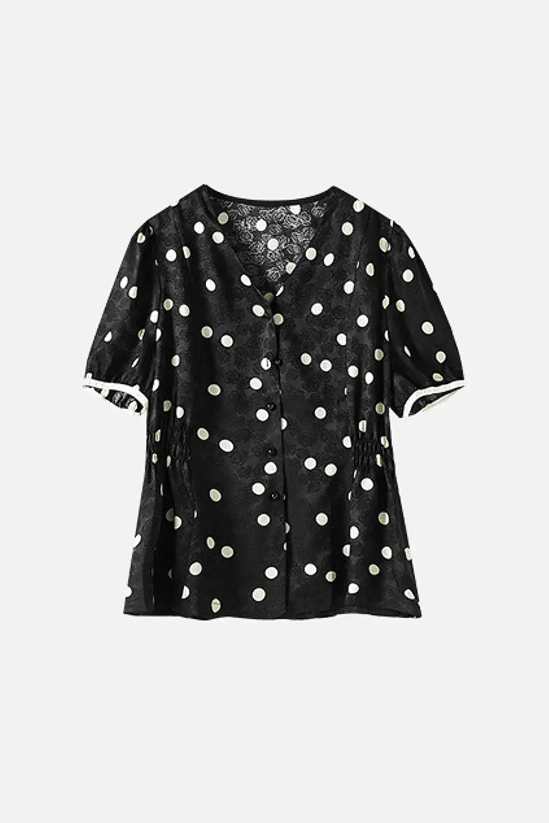 Satin Jacquard Polka Dot V-Neck Blouse