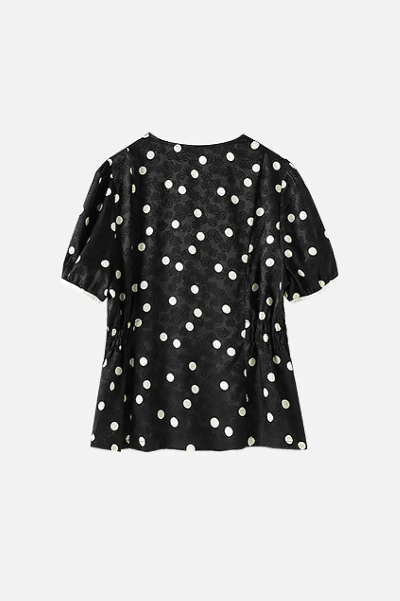 Satin Jacquard Polka Dot V-Neck Blouse