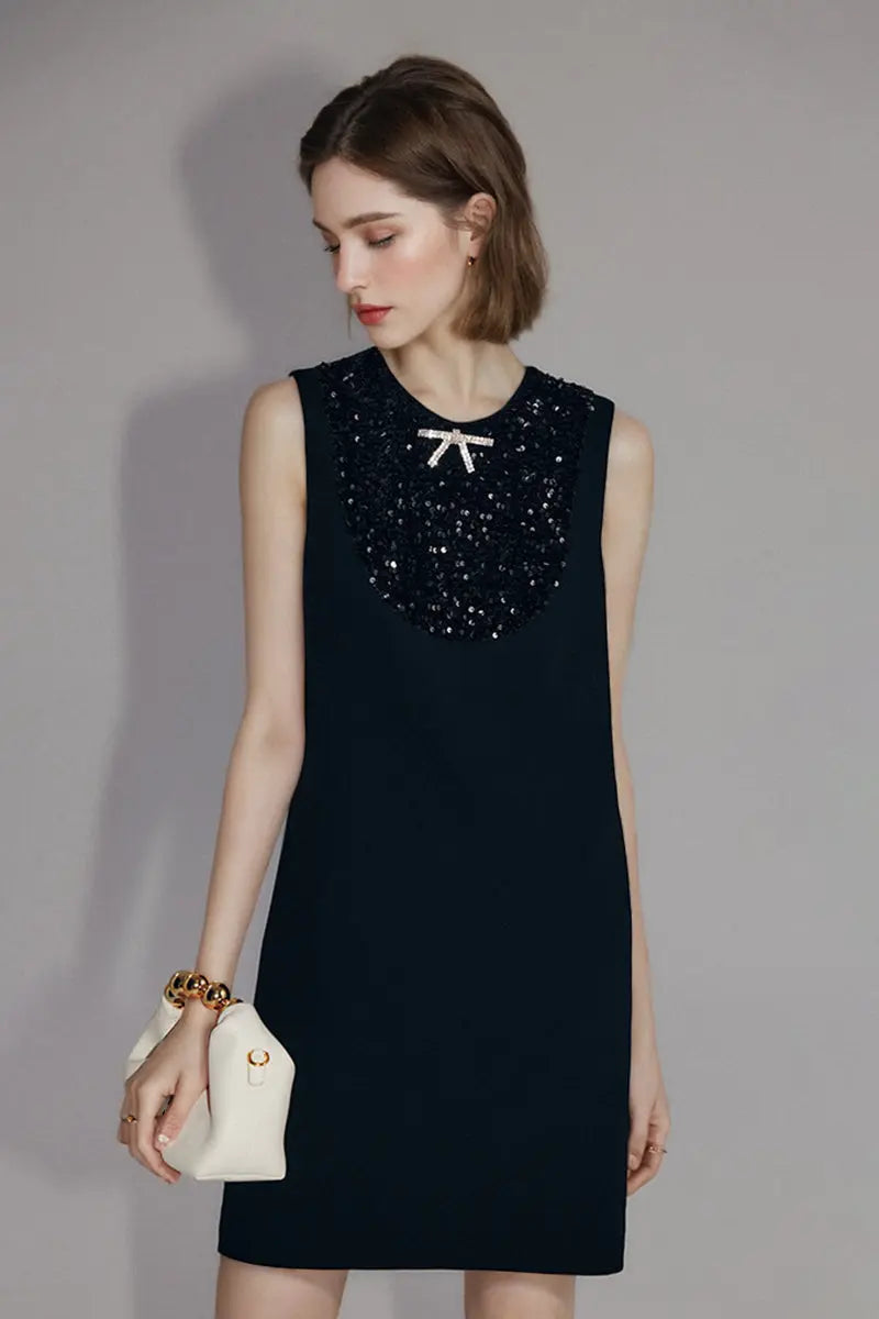 Sequin Embellished Bow-Detail Sleeveless Mini Dress