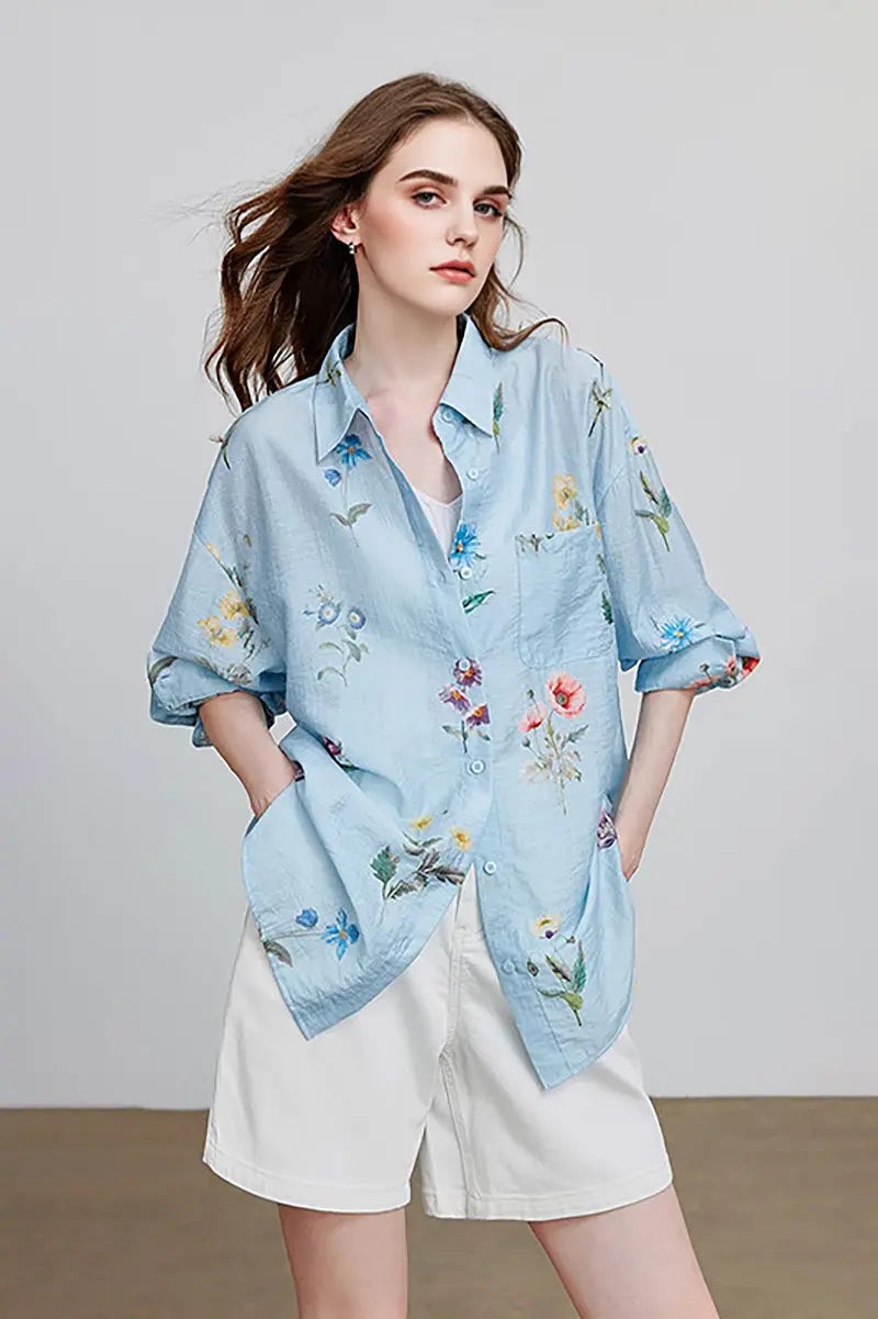 Sheer Floral Linen Button-Up Shirt