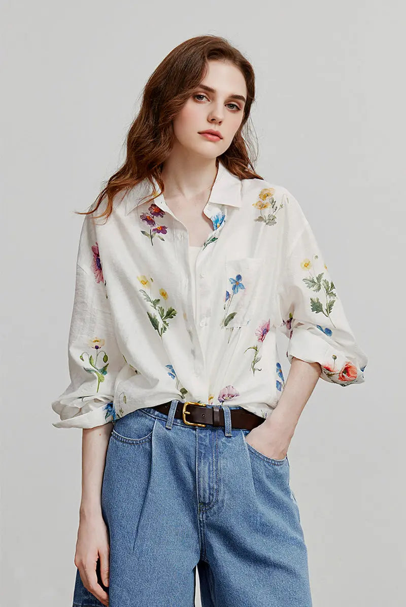 Sheer Floral Linen Button-Up Shirt