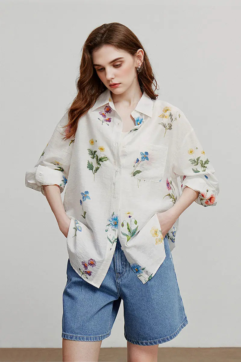 Sheer Floral Linen Button-Up Shirt