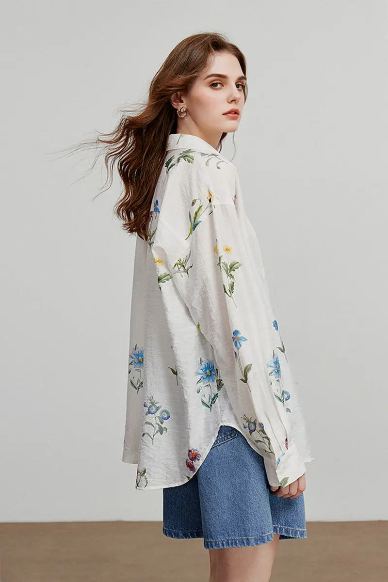Sheer Floral Linen Button-Up Shirt
