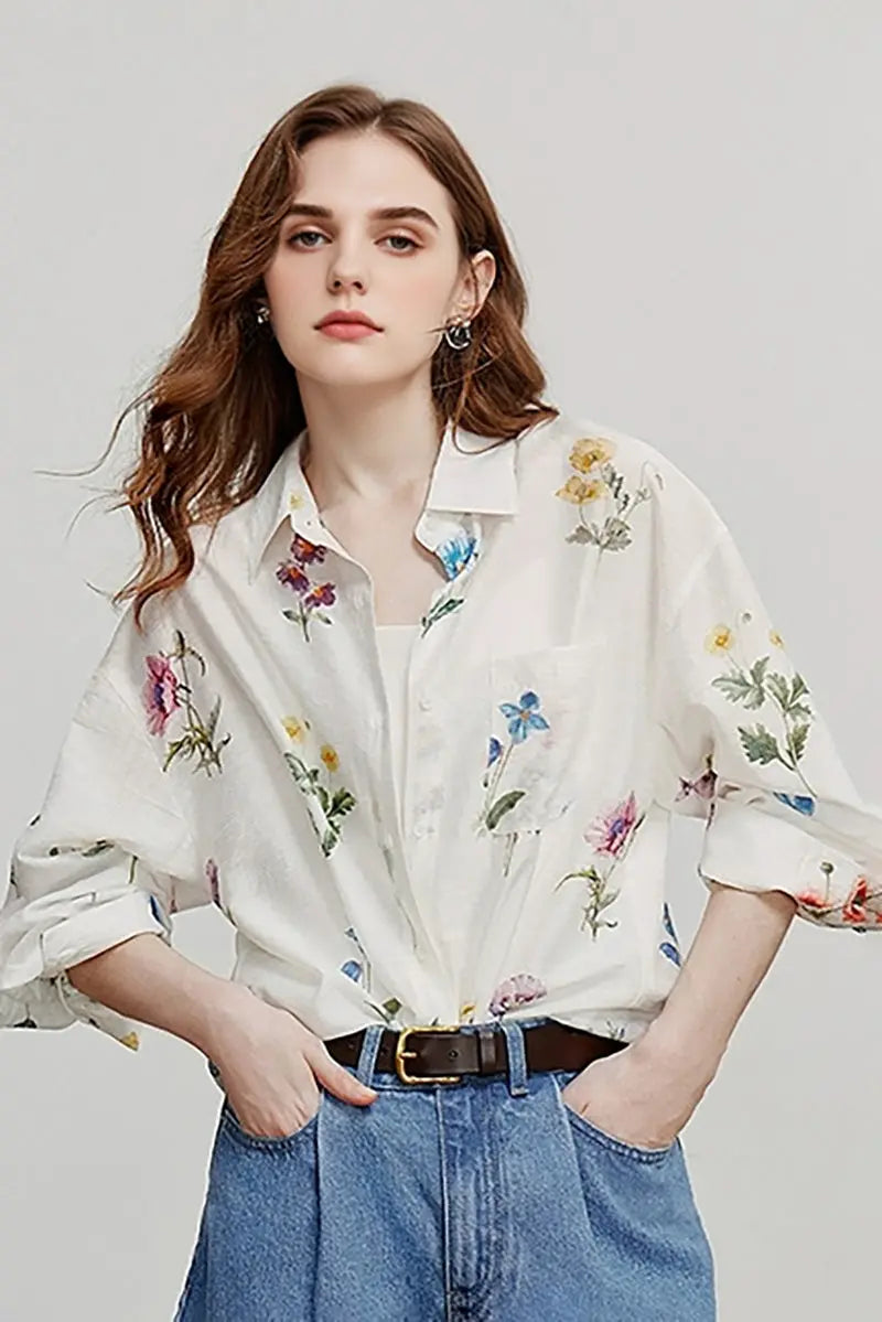 Sheer Floral Linen Button-Up Shirt