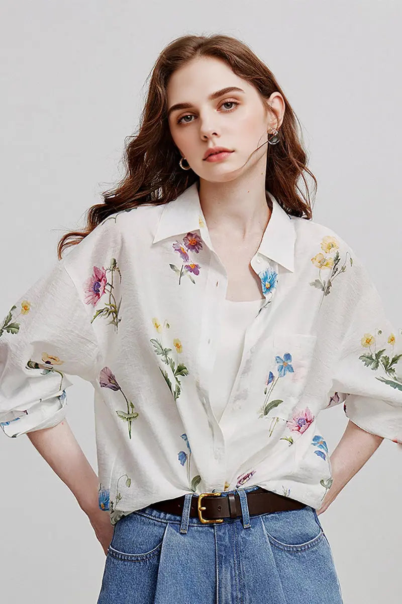 Sheer Floral Linen Button-Up Shirt