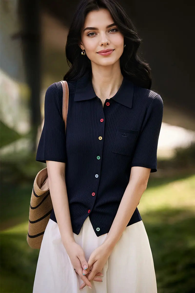 Short-Sleeve Knit Polo Cardigan With Colorful Buttons