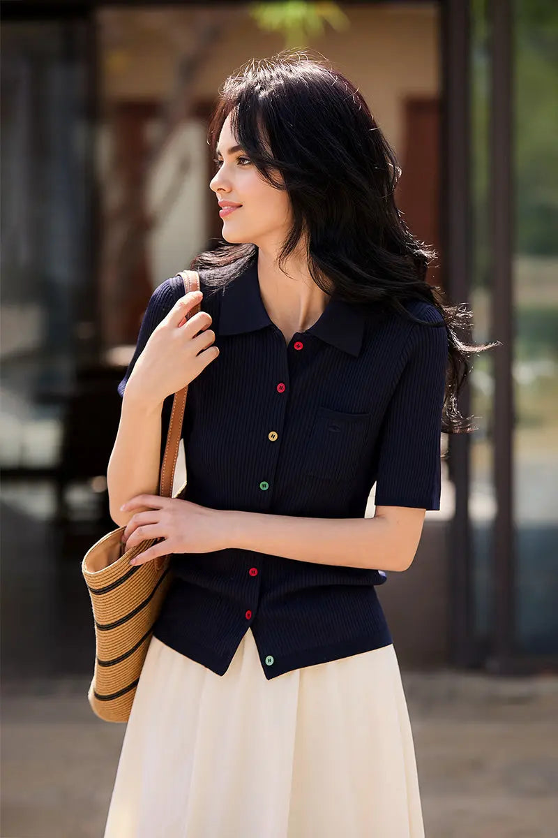 Short-Sleeve Knit Polo Cardigan With Colorful Buttons