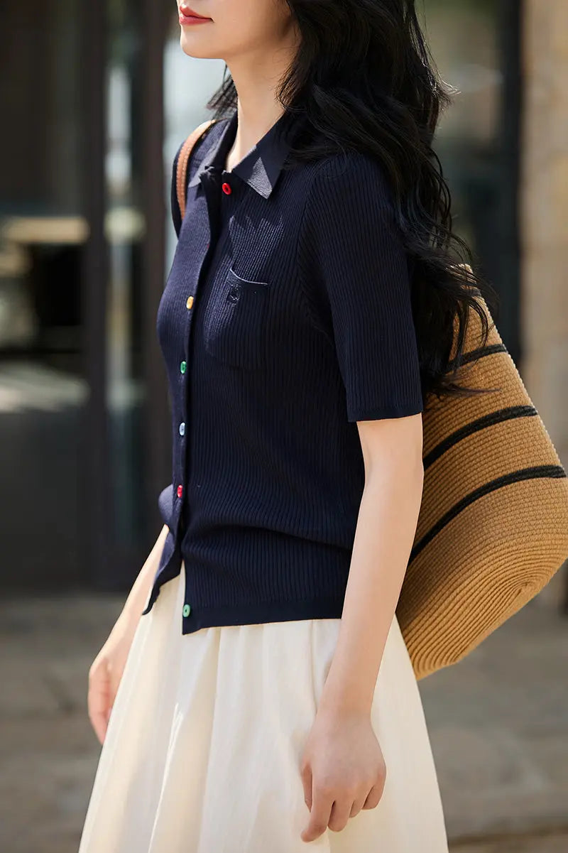 Short-Sleeve Knit Polo Cardigan With Colorful Buttons