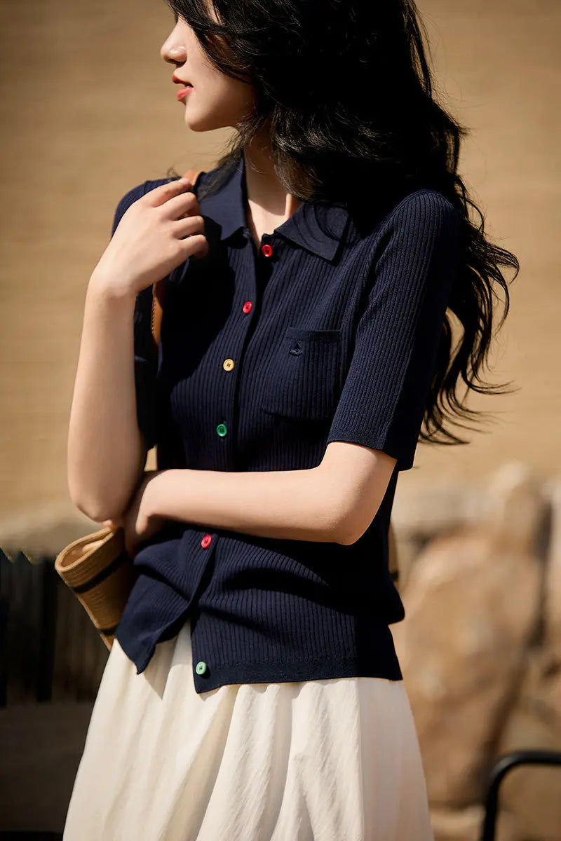 Short-Sleeve Knit Polo Cardigan With Colorful Buttons