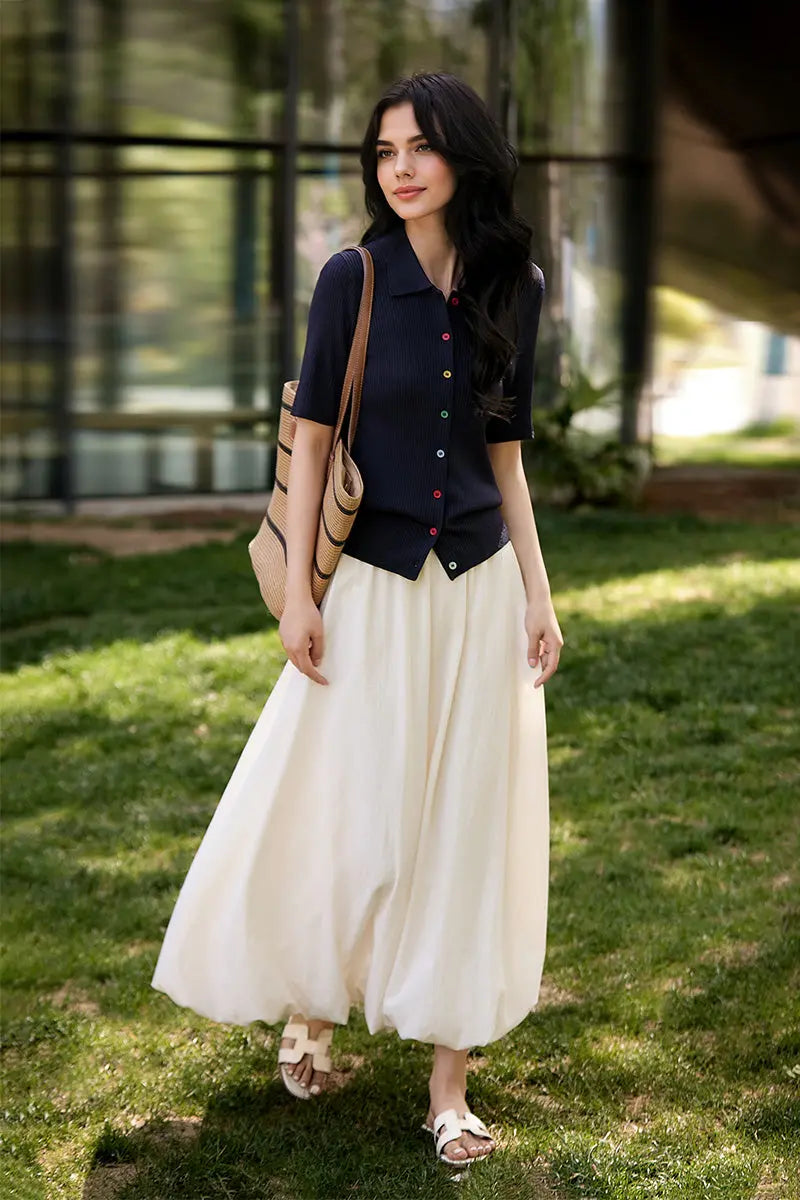 Short-Sleeve Knit Polo Cardigan With Colorful Buttons