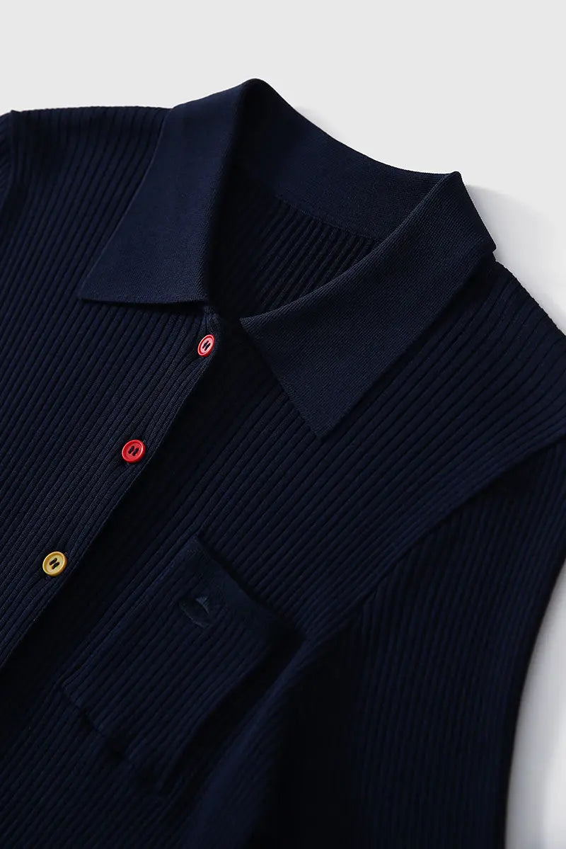 Short-Sleeve Knit Polo Cardigan With Colorful Buttons