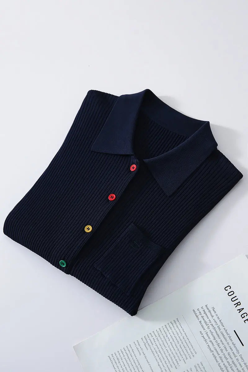 Short-Sleeve Knit Polo Cardigan With Colorful Buttons