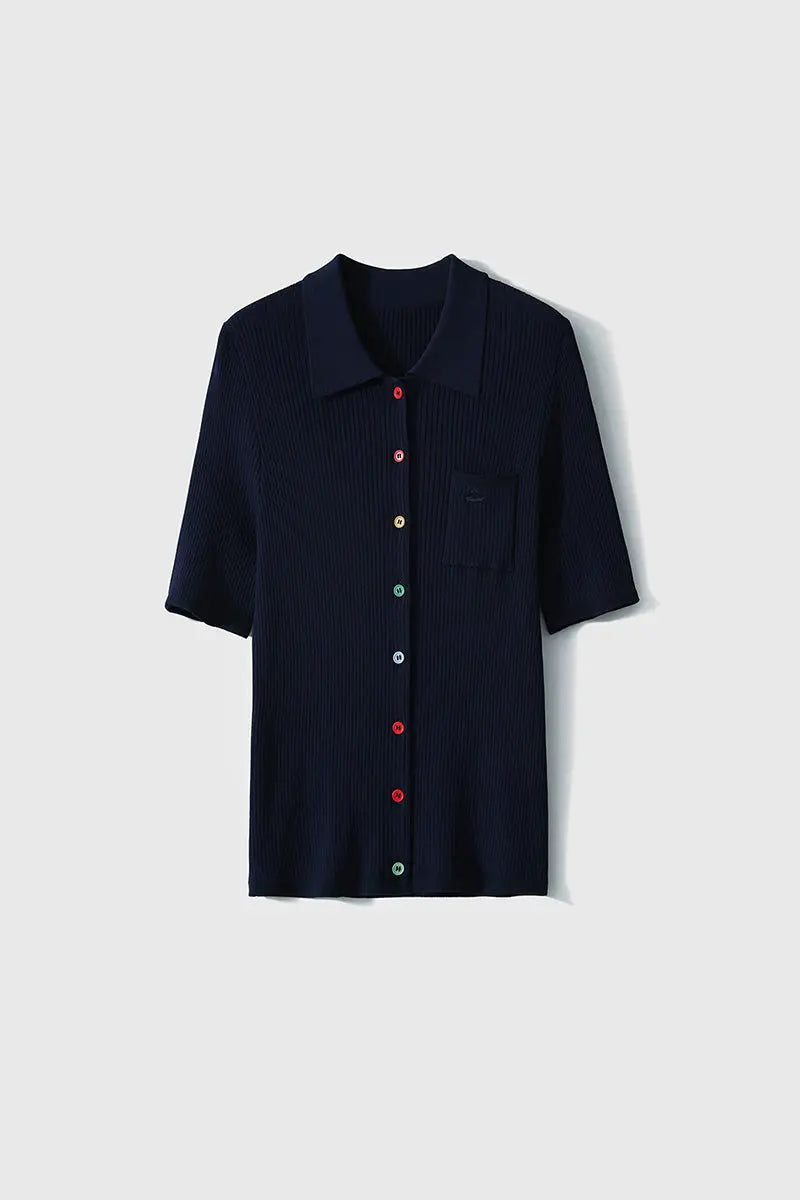 Short-Sleeve Knit Polo Cardigan With Colorful Buttons