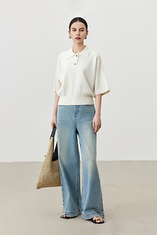 Silk Blend Drop Shoulder Short Sleeve Knit Polo