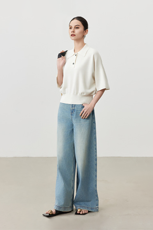 Silk Blend Drop Shoulder Short Sleeve Knit Polo