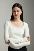 Slim Fit Square Neck Long Sleeve Shirt with Dolphin Hem