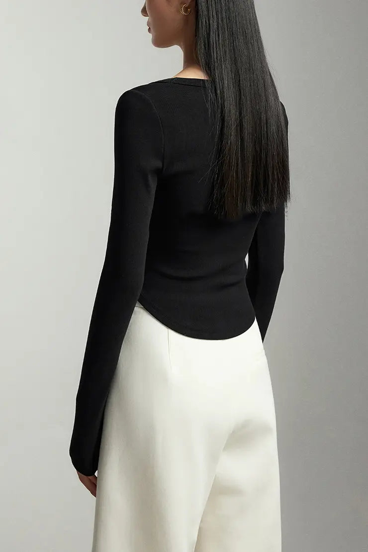 Slim Fit Square Neck Long Sleeve Shirt with Dolphin Hem