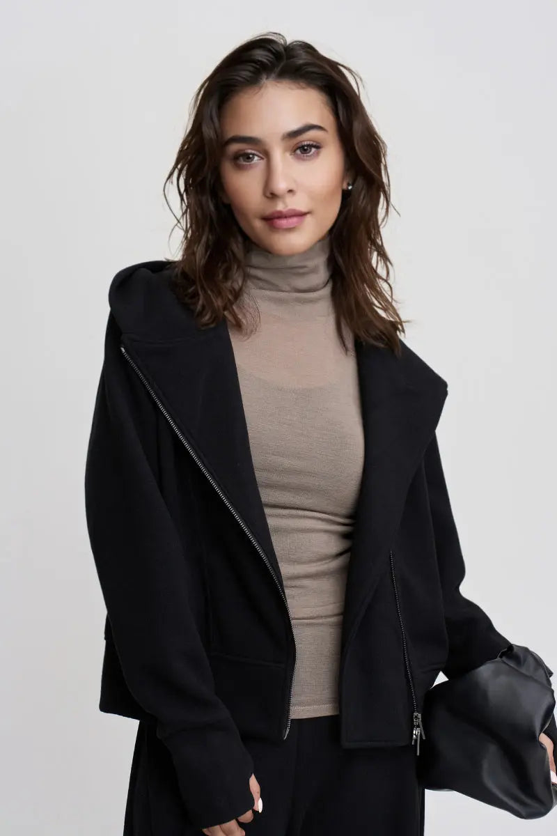Soft Acetate-Cashmere Blend Asymmetric Zip Up Hooded Sweatshirt with Thumb Holes