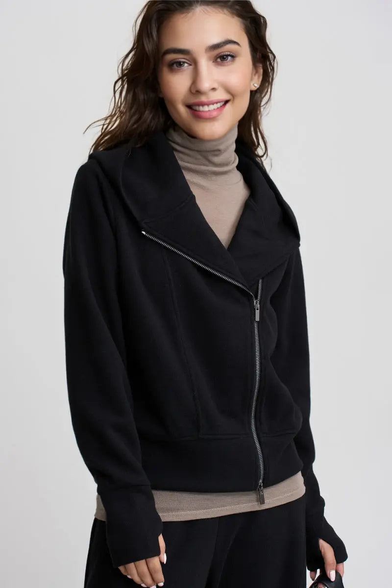 Soft Acetate-Cashmere Blend Asymmetric Zip Up Hooded Sweatshirt with Thumb Holes