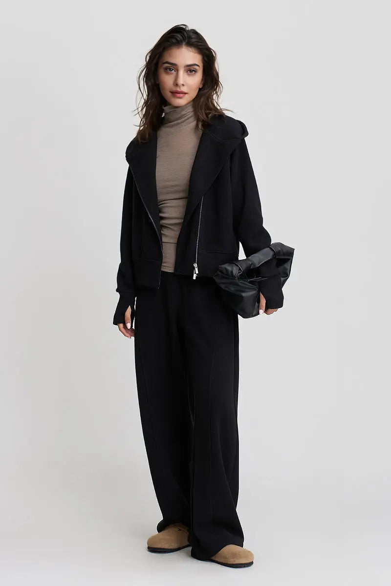 Soft Acetate-Cashmere Blend Asymmetric Zip Up Hooded Sweatshirt with Thumb Holes