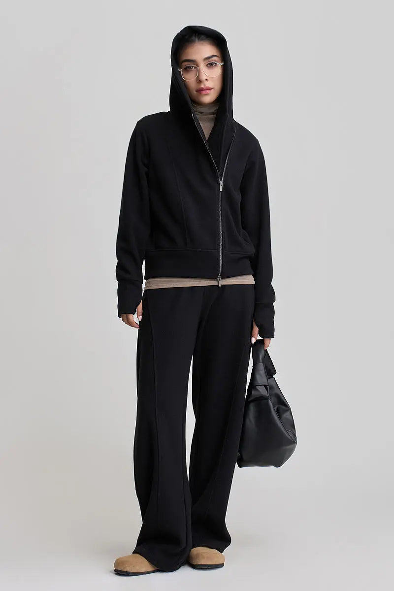Soft Acetate-Cashmere Blend Asymmetric Zip Up Hooded Sweatshirt with Thumb Holes