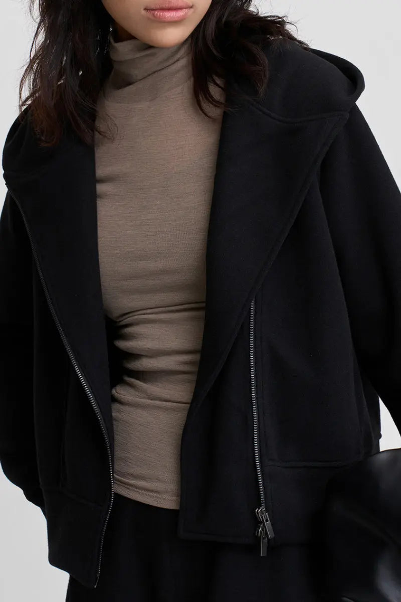 Soft Acetate-Cashmere Blend Asymmetric Zip Up Hooded Sweatshirt with Thumb Holes
