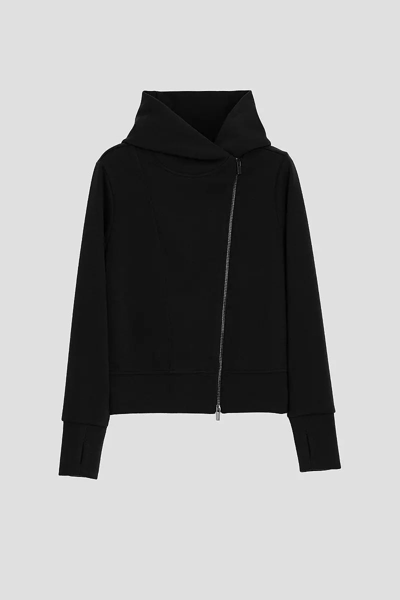 Soft Acetate-Cashmere Blend Asymmetric Zip Up Hooded Sweatshirt with Thumb Holes