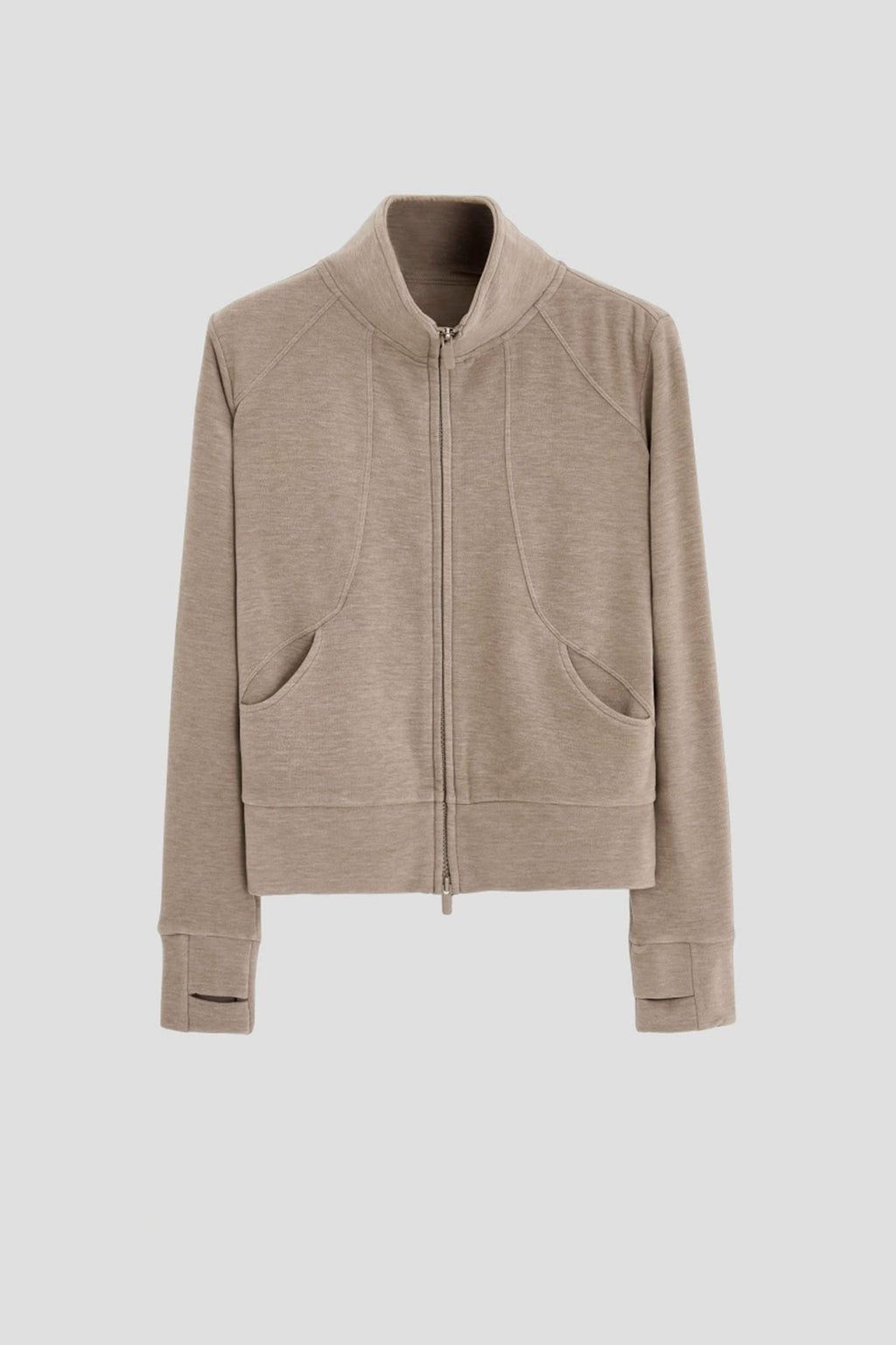Soft Acetate-Cashmere Blend Double Zip Funnel Neck Sweatshirt with Thumb Holes