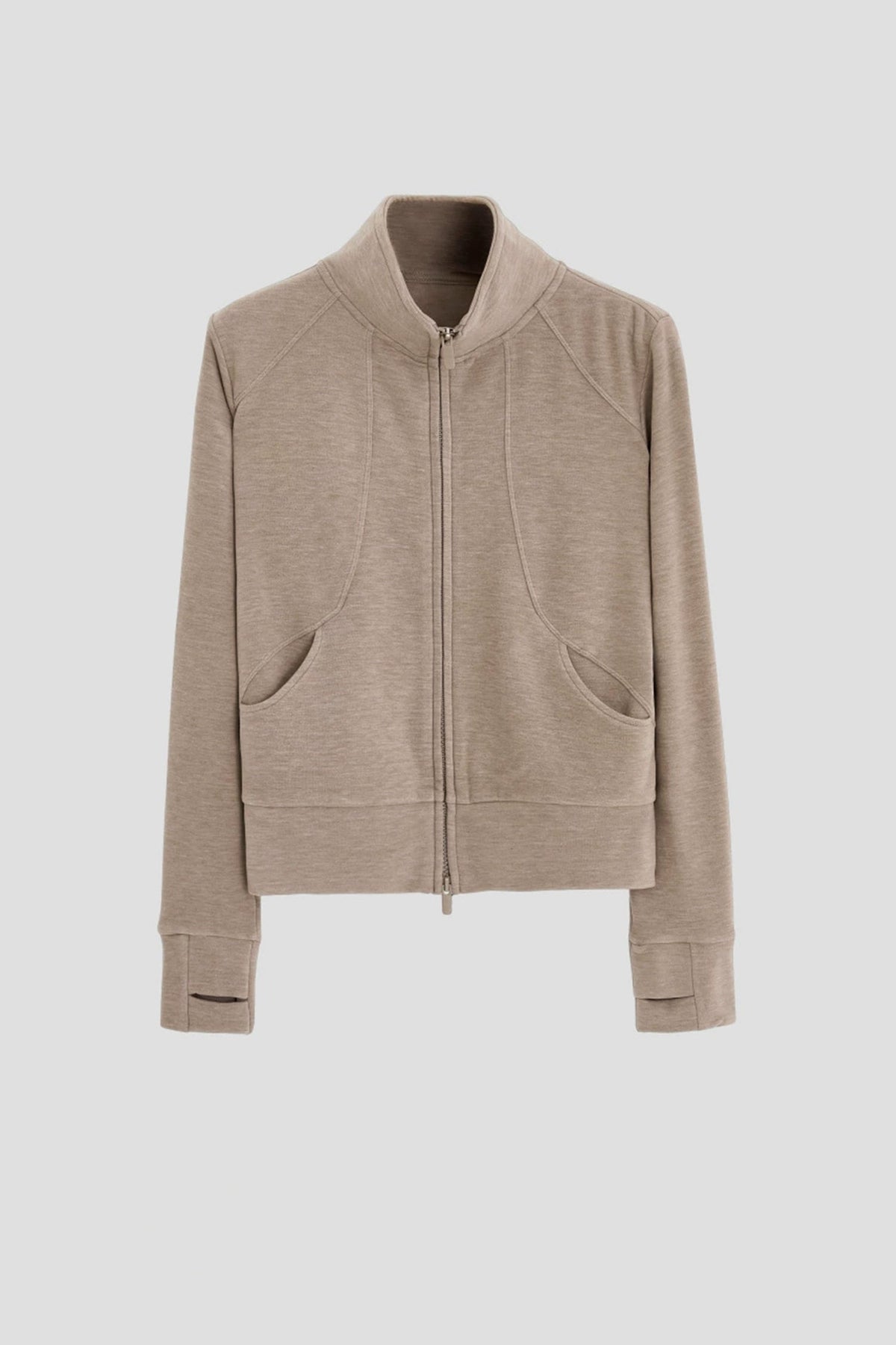 Soft Acetate-Cashmere Blend Double Zip Funnel Neck Sweatshirt with Thumb Holes