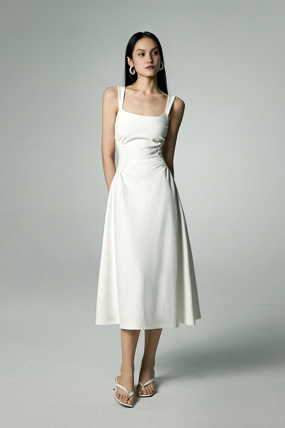 Square Neck Midi Dress with Pleated Waist