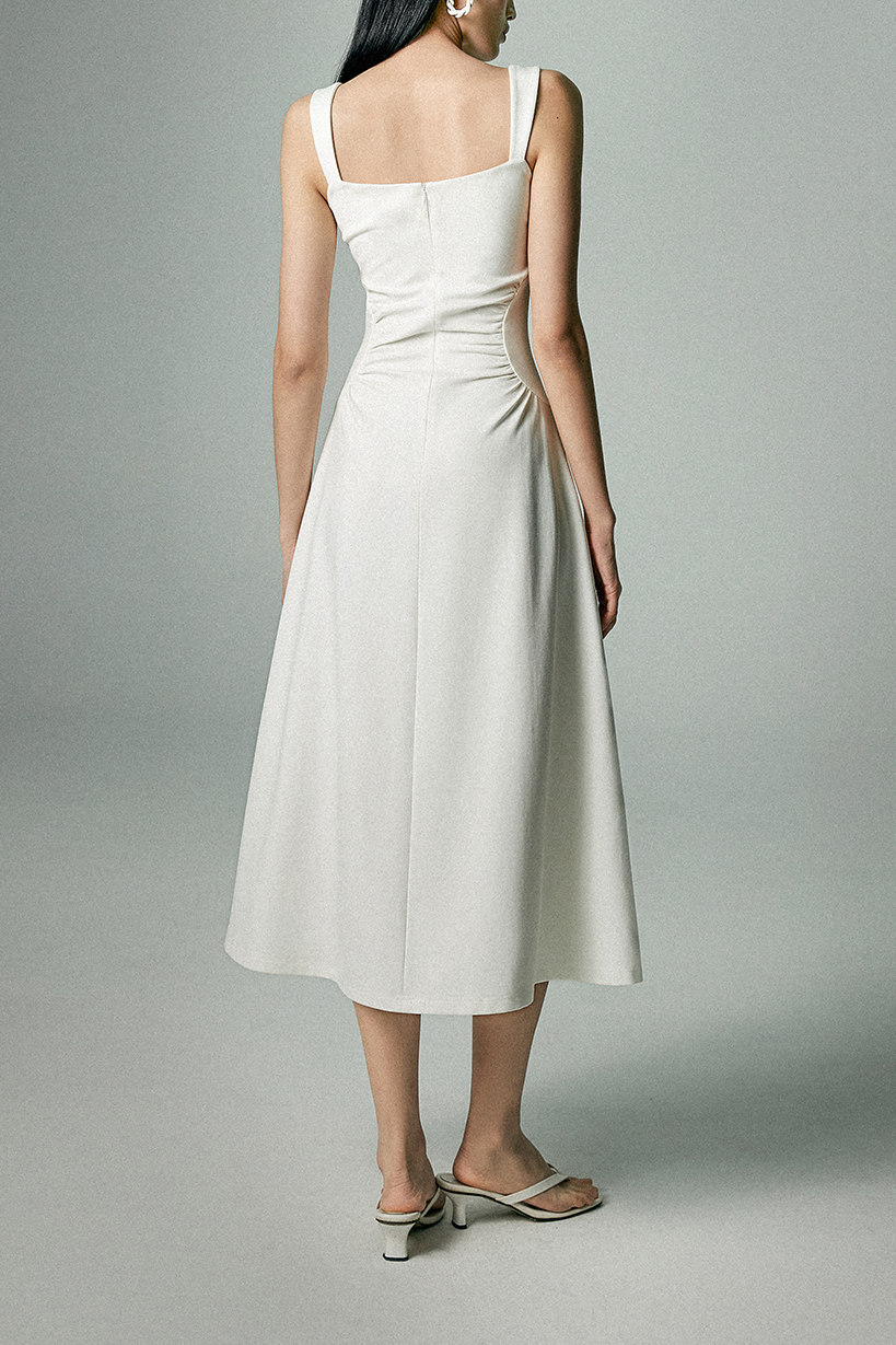 Square Neck Midi Dress with Pleated Waist