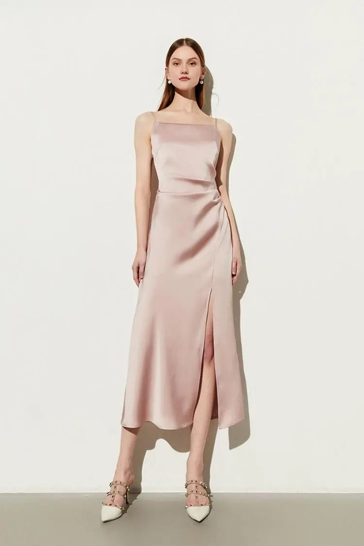 Square Neck Pink Slip Dress with Side Slit