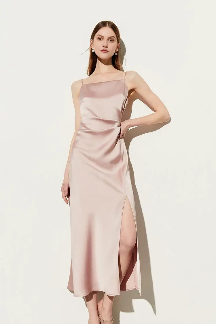 Square Neck Pink Slip Dress with Side Slit