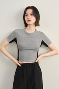 Stretchy Ribbed Crewneck Colorblock Cropped T-Shirt